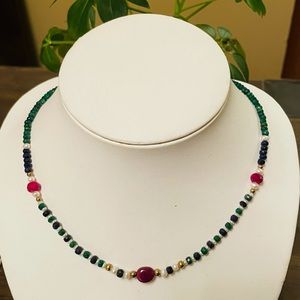 Handmade Ruby, Emerald and Blue Sapphire Beaded Necklace